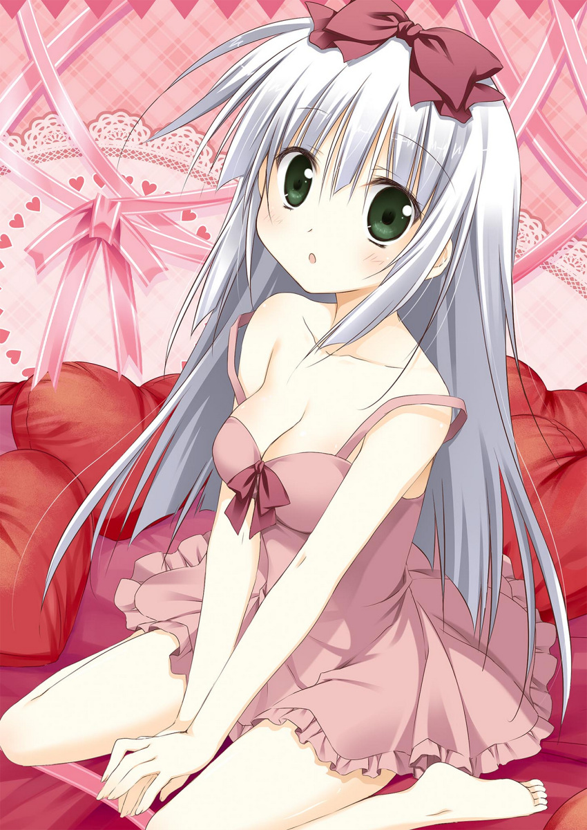 1girl alice_or_alice barefoot bed_sheet between_legs bow breasts cleavage collarbone dress eyebrows_visible_through_hair frilled_dress frills green_eyes hair_between_eyes hair_bow hand_between_legs heart heart_pillow highres korie_riko long_hair looking_at_viewer medium_breasts off_shoulder open_mouth pillow pink_dress pink_ribbon red_bow red_pillow ribbon rise_(alice_or_alice) short_dress silver_hair sitting sleeveless sleeveless_dress solo very_long_hair