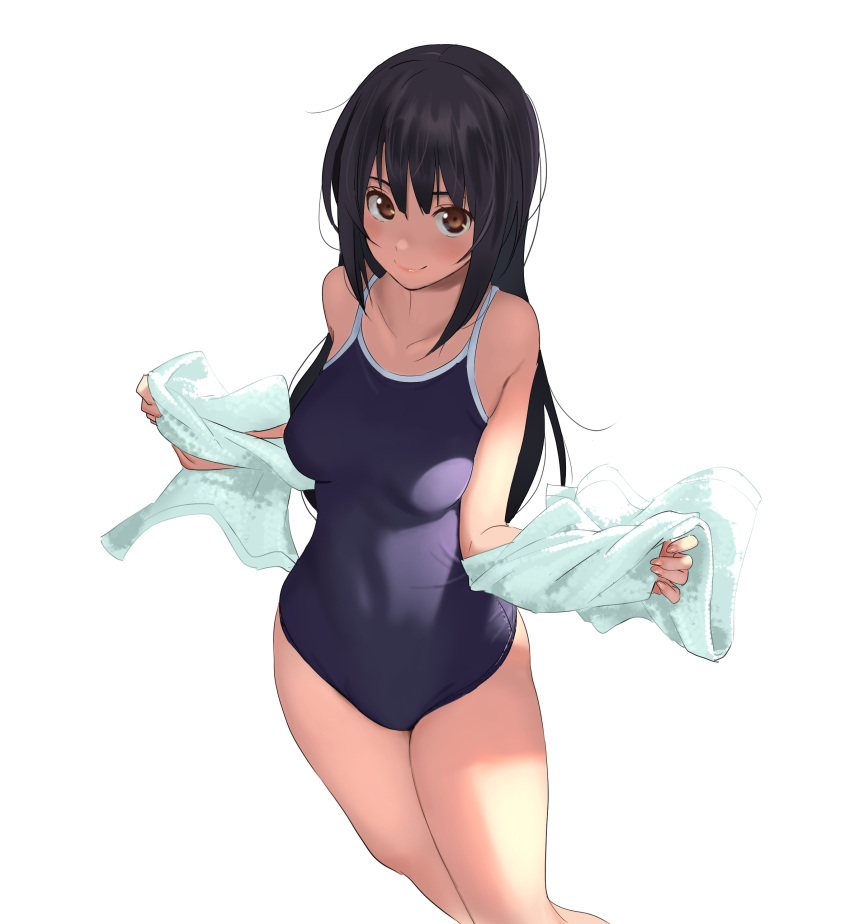 1girl absurdres bangs black_hair blush breasts brown_eyes closed_mouth collarbone competition_school_swimsuit cowboy_shot hands_up highres holding long_hair navel one-piece_swimsuit original school_swimsuit senjitsu_musou shade shadow sidelocks simple_background smile solo standing swimsuit towel white_background