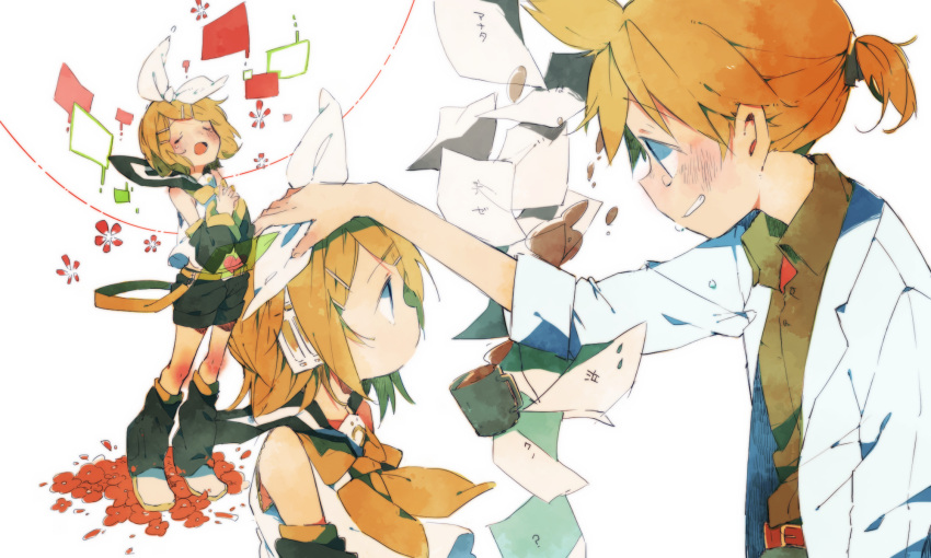 1boy 1girl bass_clef belt blonde_hair blue_eyes bow brown_shirt closed_eyes coffee coffee_mug crop_top crying crying_with_eyes_open cup detached_sleeves flower grin hair_bow hair_ornament hairclip hand_on_another's_head hands_clasped hazime headphones headset highres holographic_monitor kagamine_len kagamine_rin kokoro_(vocaloid) labcoat leg_warmers looking_up mug music open_mouth own_hands_together papers petals petting profile red_flower sailor_collar scientist shirt short_hair short_ponytail shorts singing size_difference sleeveless sleeveless_shirt smile tears tiptoes vocaloid yellow_neckwear