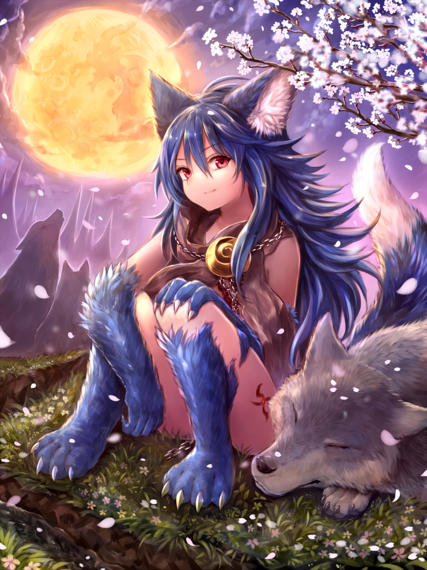 1girl absurdres animal animal_ears bangs bare_shoulders blue_hair chains claws closed_mouth commentary_request eyebrows_visible_through_hair fenrir_(shingeki_no_bahamut) flower full_moon granblue_fantasy hair_between_eyes hand_on_own_knee highres long_hair looking_at_viewer monster_girl moon outdoors paws petals red_eyes shadowverse shingeki_no_bahamut sitting smile solo sukemyon tail very_long_hair white_flower wolf wolf_ears wolf_girl wolf_tail