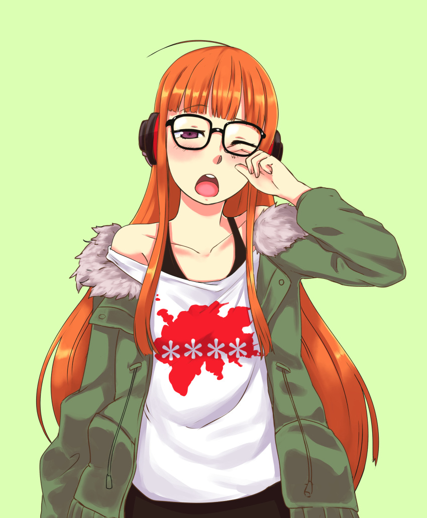 1girl absurdres ahoge bangs black-framed_eyewear blunt_bangs brown_eyes commentary commission english_commentary eyebrows_visible_through_hair fur_trim glasses green_background green_jacket hand_up headphones highres ignacio_penailillo jacket long_hair looking_at_viewer off_shoulder one_eye_closed open_mouth orange_hair persona persona_5 sakura_futaba shirt simple_background solo standing tears upper_body white_shirt wiping_tears yawning