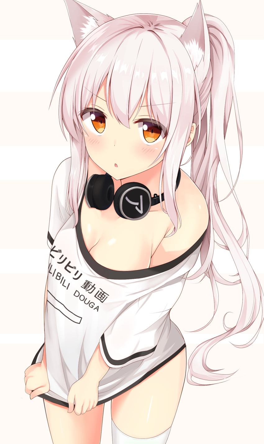 1girl animal_ears asymmetrical_legwear ayanami_(azur_lane) azur_lane bangs bare_shoulders bilibili_douga blush breasts brown_eyes cat_ears cleavage clothes_writing collarbone commentary_request eyebrows_visible_through_hair hair_between_eyes headphones headphones_around_neck highres kyuujou_komachi looking_at_viewer medium_breasts off_shoulder parted_lips ponytail shirt shirt_tug short_sleeves sidelocks silver_hair single_thighhigh solo striped striped_background thigh-highs v-shaped_eyebrows white_legwear white_shirt