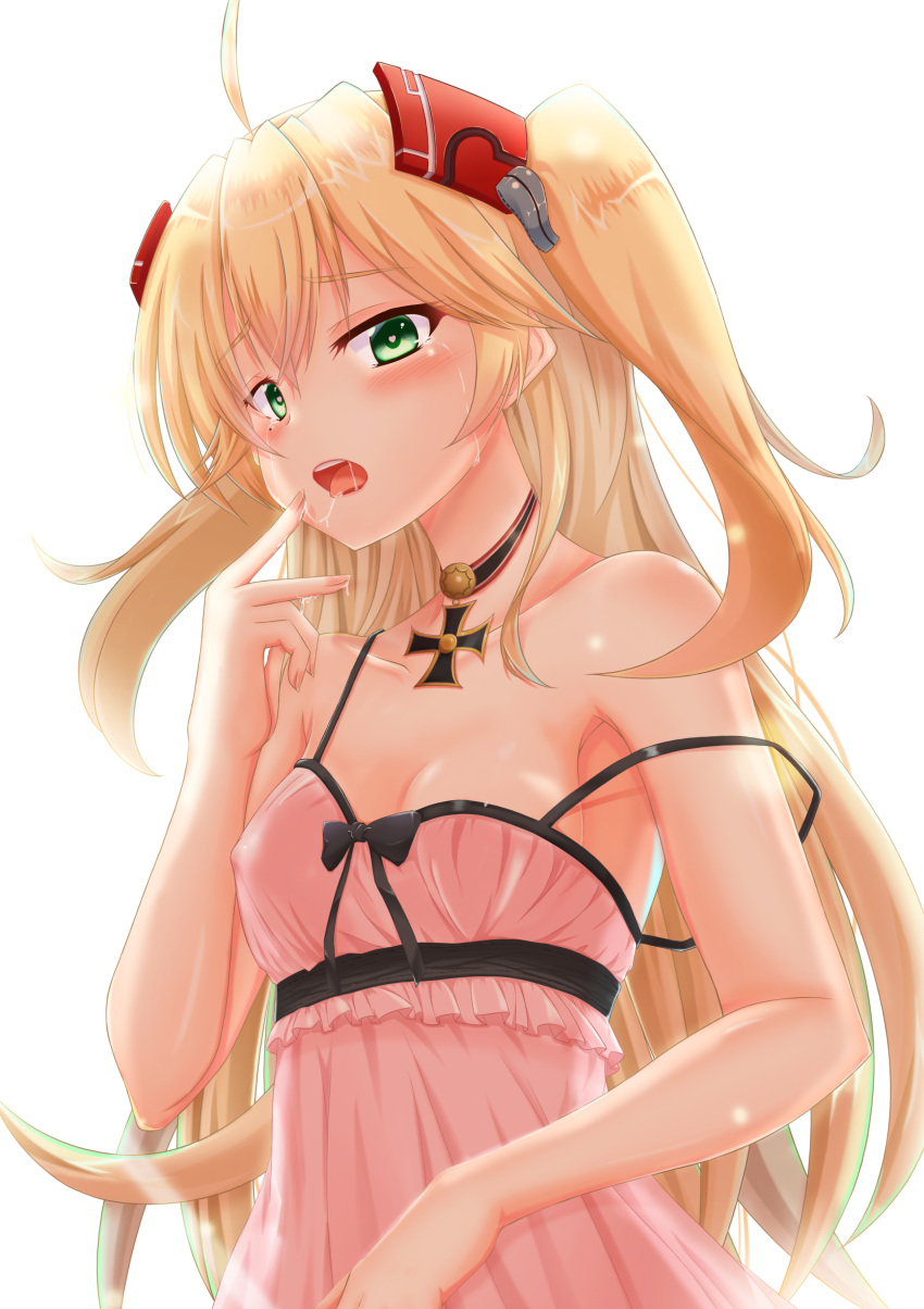 1girl absurdres admiral_hipper_(azur_lane) ahoge alternate_costume armpits azur_lane babydoll bangs bare_shoulders blonde_hair blush breasts choker cleavage collarbone crying crying_with_eyes_open erect_nipples eyebrows_visible_through_hair green_eyes hair_between_eyes headgear heart heart-shaped_pupils highres iron_cross kamisaki_aria long_hair looking_at_viewer mole mole_under_eye off_shoulder open_mouth pink_babydoll saliva saliva_trail simple_background small_breasts solo symbol-shaped_pupils tears two_side_up very_long_hair white_background