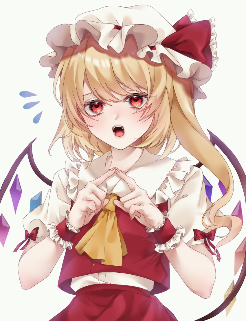 1girl ascot blonde_hair collarbone collared_shirt cowboy_shot crystal flandre_scarlet flying_sweatdrops frilled_shirt_collar frills hat hat_ribbon heart heart-shaped_pupils highres ki_1315 long_hair looking_at_viewer mob_cap multicolored_wings open_mouth own_hands_together puffy_short_sleeves puffy_sleeves red_eyes red_ribbon red_skirt red_vest ribbon ribbon-trimmed_headwear ribbon_trim shirt short_sleeves simple_background skirt solo symbol-shaped_pupils teeth touhou upper_teeth_only vest white_background white_headwear white_shirt wings wrist_cuffs yellow_ascot