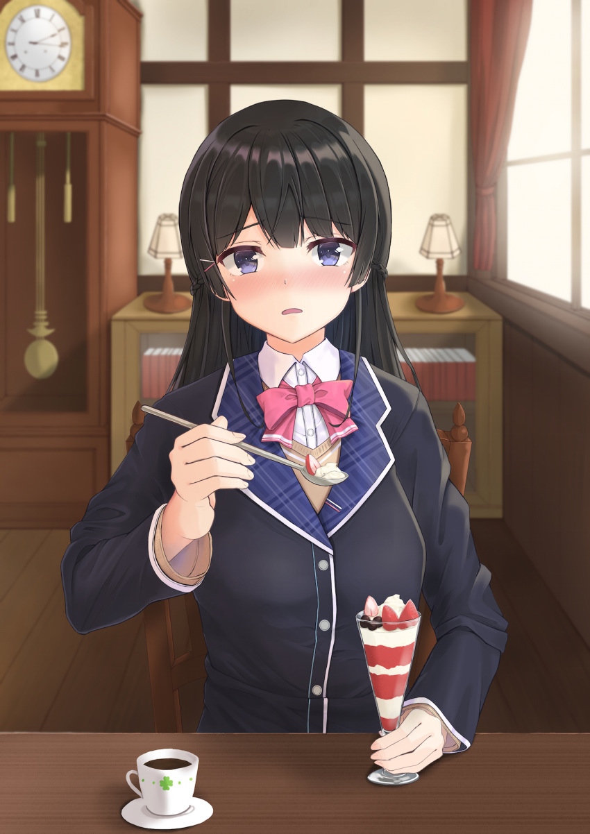 1girl bangs black_hair black_jacket blazer blue_eyes blurry blurry_background blush bow bowtie clock coffee collared_shirt commentary_request cup curtains grandfather_clock hair_ornament half_updo highres holding holding_spoon indoors irise jacket lamp light_frown long_hair long_sleeves looking_at_viewer nijisanji nose_blush parfait parted_lips pink_neckwear plaid pov_across_table school_uniform shirt sitting solo spoon table teacup tsukino_mito upper_body virtual_youtuber window