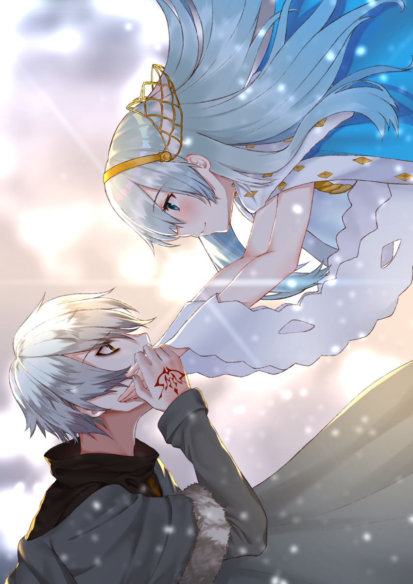 1boy 1girl absurdres anastasia_(fate/grand_order) blue_eyes blue_hair brown_coat coat couple eye_contact eyebrows_visible_through_hair fate/grand_order fate_(series) floating_hair fur_trim hair_between_eyes highres kadoc_zemlupus long_hair looking_at_another silver_hair sunlight takubon_(xewh4773) tattoo upper_body very_long_hair yellow_hairband