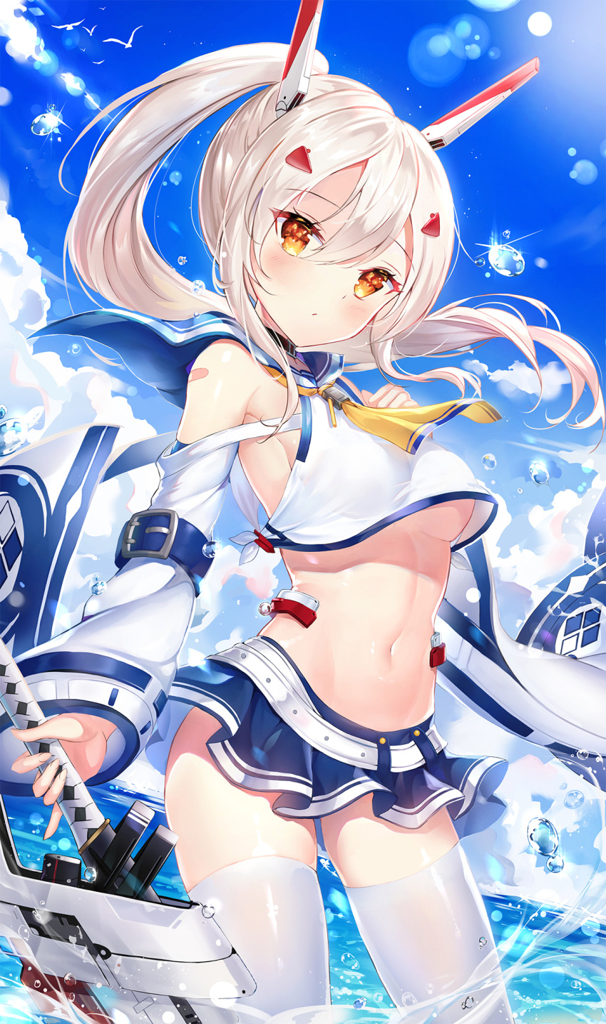 1girl arm_strap armpits ayanami_(azur_lane) azur_lane bandaid_on_arm bangs bare_shoulders belt blue_sky blush breasts buckle closed_mouth clouds commentary_request cowboy_shot eyebrows_visible_through_hair floating_hair groin hair_between_eyes hair_ornament hand_up headgear highres holding holding_sword holding_weapon in_water long_hair looking_at_viewer microskirt narae navel no_bra pinky_out pleated_skirt ponytail red_eyes rigging rudder_shoes school_uniform serafuku shiny shiny_skin shirt sidelocks silver_hair skirt sky solo splashing standing stomach sword thigh-highs thighs under_boob wading water_drop weapon white_legwear white_shirt wide_sleeves wind wind_lift