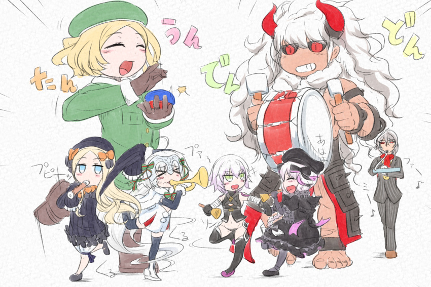 &gt;_&lt; +++ 2boys 5girls :d ^_^ abigail_williams_(fate/grand_order) absurdly_long_hair ahoge antonio_salieri_(fate/grand_order) arm_up asterios_(fate/grand_order) bandage bandaged_arm bangs bare_shoulders barefoot bell beret black_bow black_dress black_footwear black_gloves black_hat black_legwear black_panties black_sclera black_shirt blonde_hair bloomers blue_eyes blush blush_stickers boots bow brown_footwear brown_gloves bug butterfly closed_eyes closed_mouth curled_horns doll_joints dress drum drumsticks eighth_note elbow_gloves eyebrows_visible_through_hair facial_scar fate/extra fate/grand_order fate_(series) formal giant giantess gloves gothic_lolita green_bow green_eyes green_hat green_jacket green_ribbon grey_jacket grey_pants groin hair_between_eyes hair_bow hat headpiece highres holding holding_bell holding_instrument horns insect instrument jack_the_ripper_(fate/apocrypha) jacket jeanne_d'arc_(fate)_(all) jeanne_d'arc_alter_santa_lily keyboard_(instrument) lolita_fashion long_hair long_sleeves mary_janes melodica multiple_boys multiple_girls music musical_note navel neon-tetora nursery_rhyme_(fate/extra) open_mouth orange_bow panties pants pantyhose parted_bangs paul_bunyan_(fate/grand_order) pinstripe_suit playing_instrument pleated_dress puffy_short_sleeves puffy_sleeves red_eyes red_scarf ribbon scar scar_across_eye scar_on_cheek scarf shirt shoes short_sleeves shoulder_tattoo silver_hair sleeveless sleeveless_shirt sleeves_past_fingers sleeves_past_wrists smile standing standing_on_one_leg striped striped_bow striped_ribbon suit tattoo thigh-highs toenails trumpet underwear very_long_hair white_bloomers white_dress white_footwear white_hair