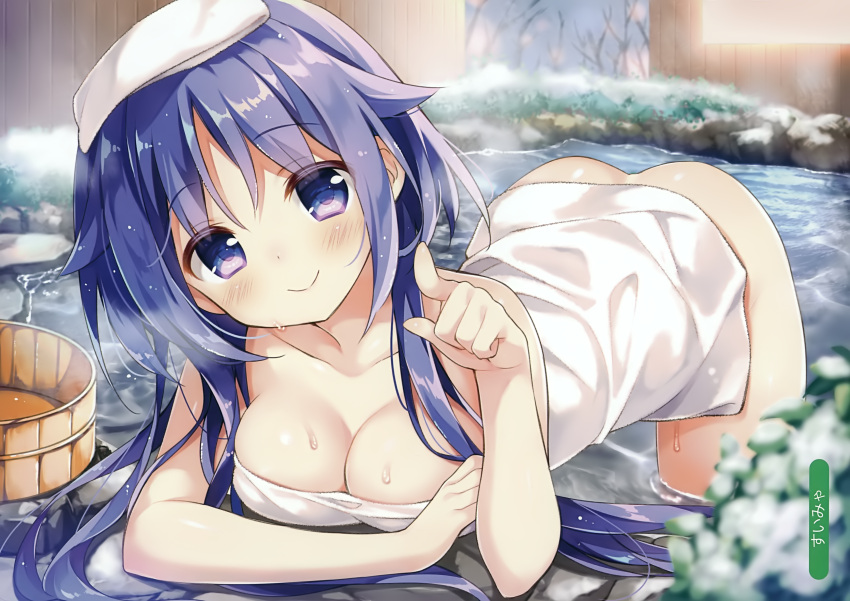 1girl absurdres ass bent_over blue_eyes blue_hair blush breasts cleavage day eyebrows_visible_through_hair hair_between_eyes head_tilt highres index_finger_raised large_breasts long_hair looking_at_viewer naked_towel onsen original outdoors snow solo suimya towel towel_on_head very_long_hair water white_towel