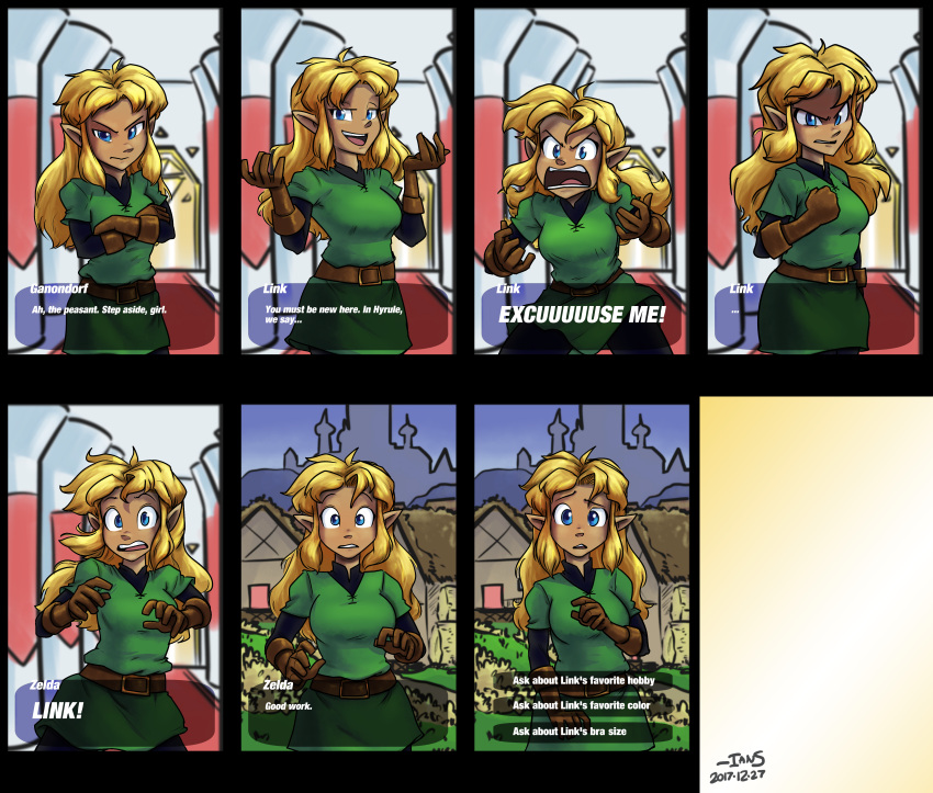 1girl absurdres angry belt blonde_hair blue_eyes breasts brown_gloves commentary dark_skin english english_commentary fake_screenshot genderswap genderswap_(mtf) gloves highres ian_samson link long_hair medium_breasts meme pointy_ears shocked_eyes sidelocks solo surprised text_focus the_legend_of_zelda tunic visual_novel