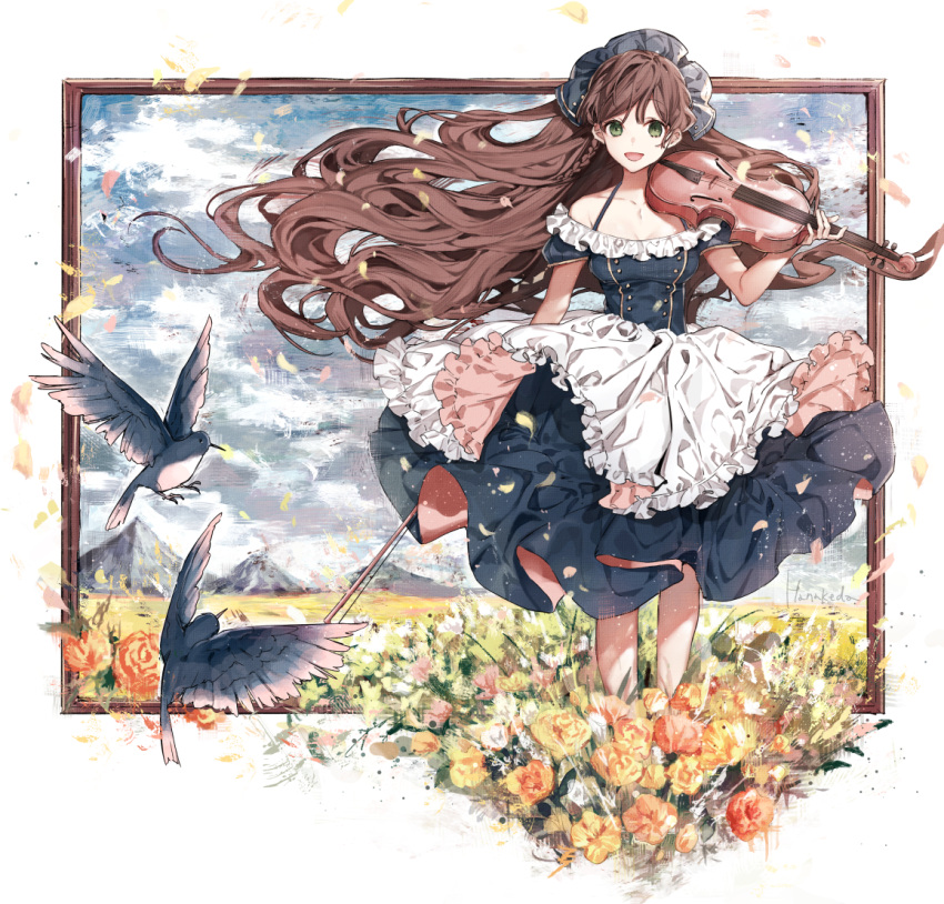 1girl :d apron artist_name bangs bare_shoulders bird bow_(instrument) braid breasts brown_hair clouds cloudy_sky collarbone dress frilled_apron frills full_body green_eyes hanakeda_(hanada_shiwo) headdress holding holding_instrument instrument long_hair looking_at_viewer medium_breasts mountain off-shoulder_dress off_shoulder open_mouth original petals picture_(object) picture_frame sky smile solo standing swept_bangs very_long_hair violin wind