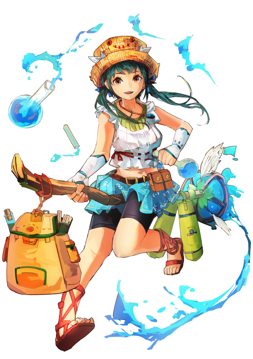 1girl :d aqua_hair backpack bag belt belt_pouch black_shorts blue_ribbon blue_skirt book brown_eyes brown_footwear full_body geetgeet hat highres jewelry looking_at_viewer necklace open_mouth original potion pouch ribbon sandals shorts skirt smile solo staff twintails vial water