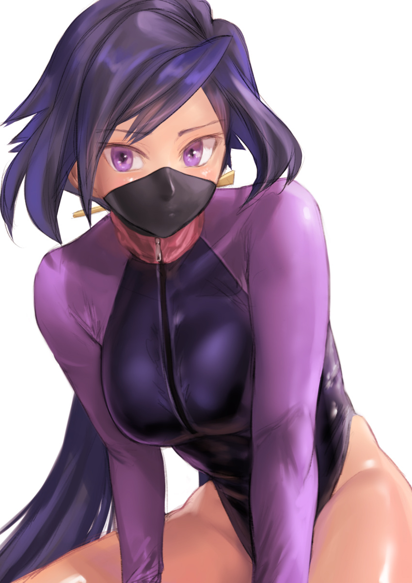 1girl ayame_(gundam_build_divers) black_hair breasts commentary_request diving_suit face_mask gundam gundam_build_divers hair_ornament highres kilye_4421 large_breasts long_hair long_sleeves low_ponytail mask ninja shiny shiny_skin solo violet_eyes