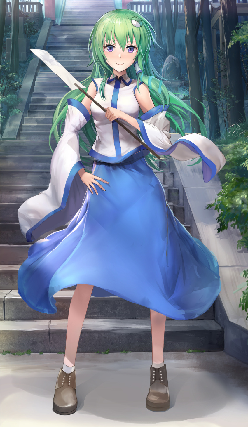 1girl absurdres bangs blue_skirt breasts brown_footwear closed_mouth day detached_sleeves fingernails frog_hair_ornament gohei green_hair hair_between_eyes hair_ornament hair_tubes hand_on_hip hand_up highres holding kochiya_sanae long_hair looking_at_viewer medium_breasts outdoors revision shirt shoes sixiv skirt smile snake_hair_ornament socks solo stairs standing touhou tree violet_eyes white_legwear white_shirt wing_collar
