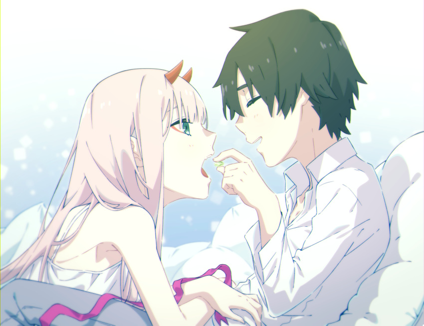 1boy 1girl black_hair candy closed_eyes couple darling_in_the_franxx feeding food green_eyes highres hiro_(darling_in_the_franxx) holding_candy horns leje39 long_hair looking_at_another lying lying_on_person nightgown pillow pink_hair shirt short_hair white_shirt zero_two_(darling_in_the_franxx)
