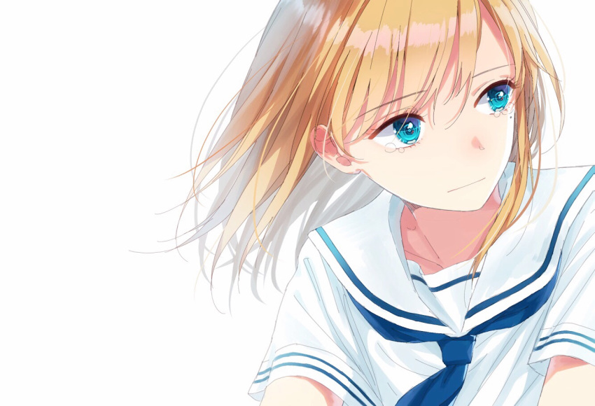 1girl :| bangs blonde_hair blue_eyes blue_neckwear closed_mouth commentary_request eyebrows_visible_through_hair hami_yura long_hair looking_at_viewer mole mole_under_eye neckerchief original school_uniform serafuku shirt short_sleeves simple_background solo tearing_up tears upper_body white_background wind