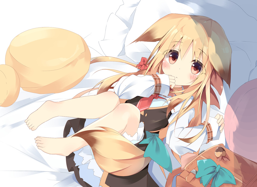 1girl animal_ears backpack bag bangs barefoot bed_sheet black_dress blonde_hair blush bow brown_eyes brown_hair closed_mouth commentary_request dress eyebrows_visible_through_hair fox_ears fox_girl fox_tail frilled_pillow frills gradient_hair hair_between_eyes hair_bow kushida_you long_hair long_sleeves looking_at_viewer lying multicolored_hair necktie on_back original pillow red_bow red_neckwear shirt short_necktie sleeveless sleeveless_dress sleeves_past_wrists solo tail very_long_hair white_shirt