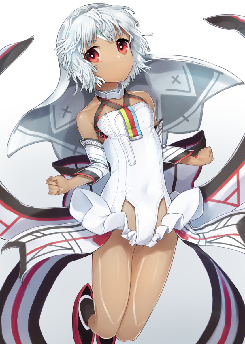 1girl altera_(fate) breasts collarbone dabuki detached_sleeves fate/grand_order fate_(series) full_body highres jumping leotard looking_at_viewer red_eyes short_hair silver_hair simple_background small_breasts solo veil white_background white_leotard