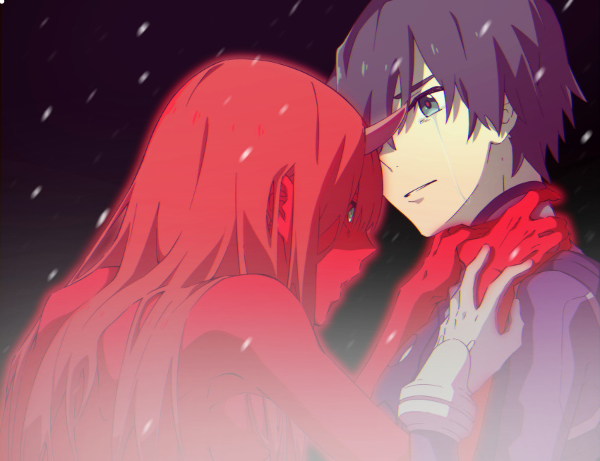 1boy 1girl black_hair blue_eyes couple crying crying_with_eyes_open darling_in_the_franxx gloves green_eyes hands_on_another's_neck highres hiro_(darling_in_the_franxx) horns leje39 long_hair looking_at_another pilot_suit red_skin redhead short_hair tears white_gloves zero_two_(darling_in_the_franxx)