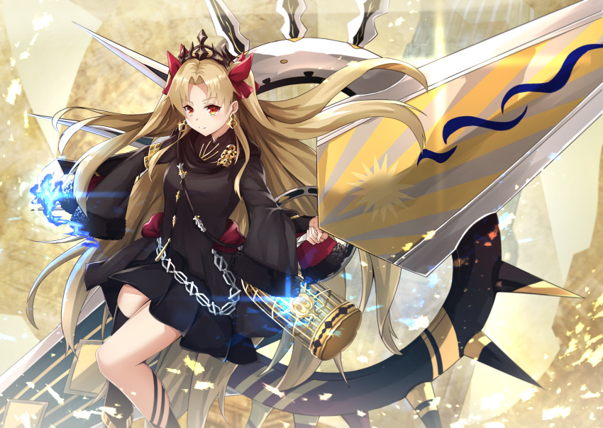 1girl asymmetrical_legwear bangs black_dress black_legwear blonde_hair bow dress earrings ereshkigal_(fate/grand_order) fate/grand_order fate_(series) flugel_(kaleido_scope-710) glaive hair_bow highres holding holding_weapon infinity jewelry long_hair parted_bangs purple_bow red_eyes single_thighhigh solo standing thigh-highs tiara two_side_up weapon