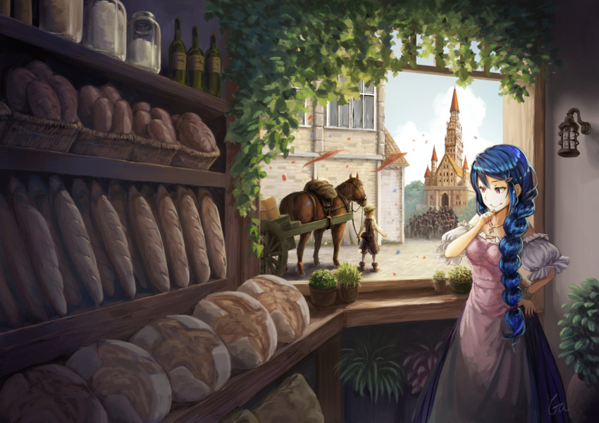 1boy 1girl :d baguette basket blue_hair blue_sky bottle braid bread brown_eyes brown_hat building cart clouds confetti crowd day dress fantasy food garutaisa hair_ornament hair_over_shoulder hand_on_hips hat highres horse indoors jewelry long_hair necklace open_mouth original plant potted_plant puffy_short_sleeves puffy_sleeves reins short_sleeves sky smile standing thumb_to_chin window