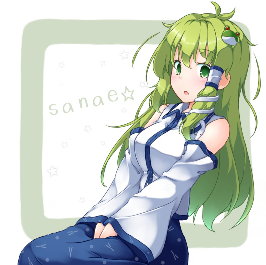1girl :o aka_tawashi bare_shoulders blue_skirt blush breasts character_name commentary_request detached_sleeves eyebrows_visible_through_hair frog_hair_ornament green_border green_eyes green_hair hair_ornament hair_tubes highres kochiya_sanae large_breasts long_sleeves looking_at_viewer outside_border parted_lips shirt simple_background sitting skirt sleeveless sleeveless_shirt snake_hair_ornament solo star touhou v_arms white_background white_shirt wide_sleeves