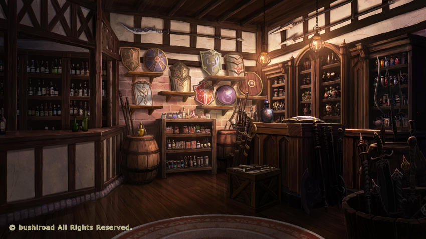 alcohol axe barrel bottle box cabinet counter fantasy granadia_saga inside lantern no_humans official_art polearm rug scenery shelf shield shiki_makoto spear sword tagme trident urn vase watermark weapon wine_bottle wooden_floor wooden_shield