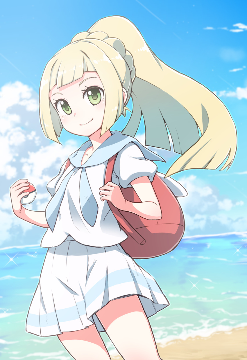 1girl absurdres bag bangs beach blonde_hair blue_sky blunt_bangs blush braid clouds cowboy_shot day green_eyes highres lillie_(pokemon) nazonazo_(nazonazot) ocean outdoors pleated_skirt poke_ball pokemon pokemon_(game) pokemon_sm ponytail school_uniform serafuku short_sleeves skirt sky smile