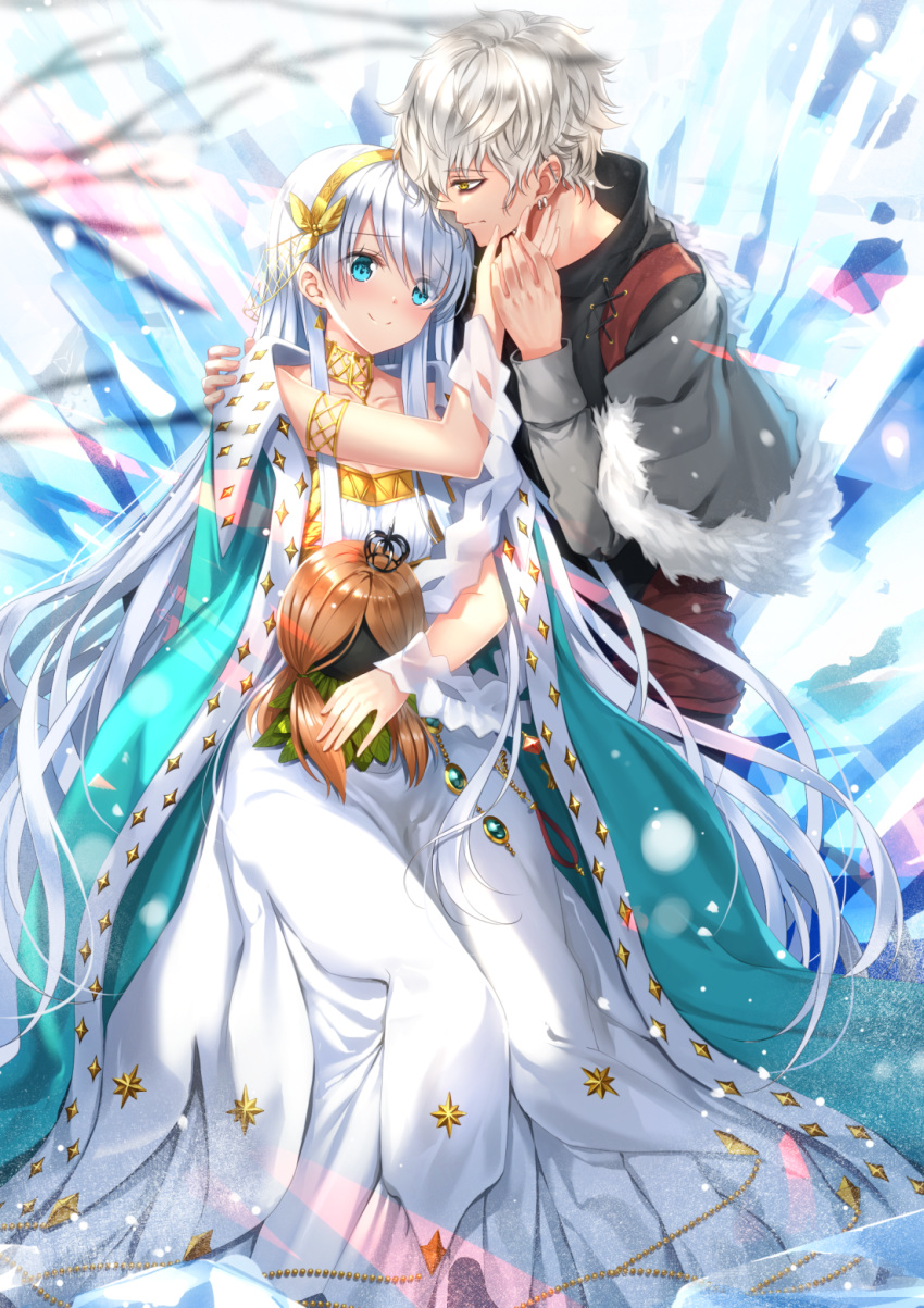 1boy 1girl anastasia_(fate/grand_order) bags_under_eyes black_shirt blue_cloak blue_eyes blurry blurry_foreground brown_eyes cloak closed_mouth commentary_request crown depth_of_field dress earrings eye_contact fate/grand_order fate_(series) fur-trimmed_jacket fur_trim grey_jacket hand_on_another's_shoulder highres jacket jewelry kadoc_zemlupus light_brown_hair long_hair long_sleeves looking_at_another looking_to_the_side mini_crown open_clothes open_jacket profile royal_robe shirt silver_hair smile swordsouls tree_branch very_long_hair white_dress