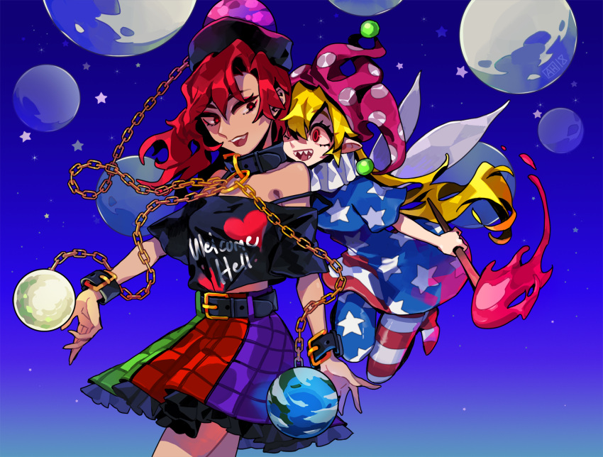 2girls american_flag_dress american_flag_legwear arlmuffin bare_shoulders belt black_shirt blonde_hair blue_background chains clothes_writing clownpiece collar crazy_eyes dress earth_(ornament) fairy_wings fire gradient gradient_background hat hecatia_lapislazuli holding jester_cap long_hair moon_(ornament) multicolored multicolored_clothes multicolored_skirt multiple_girls neck_ruff off-shoulder_shirt open_mouth pantyhose pointy_ears polka_dot polos_crown red_eyes redhead sharp_teeth shirt short_dress skirt smile star star_print striped t-shirt teeth torch touhou wings