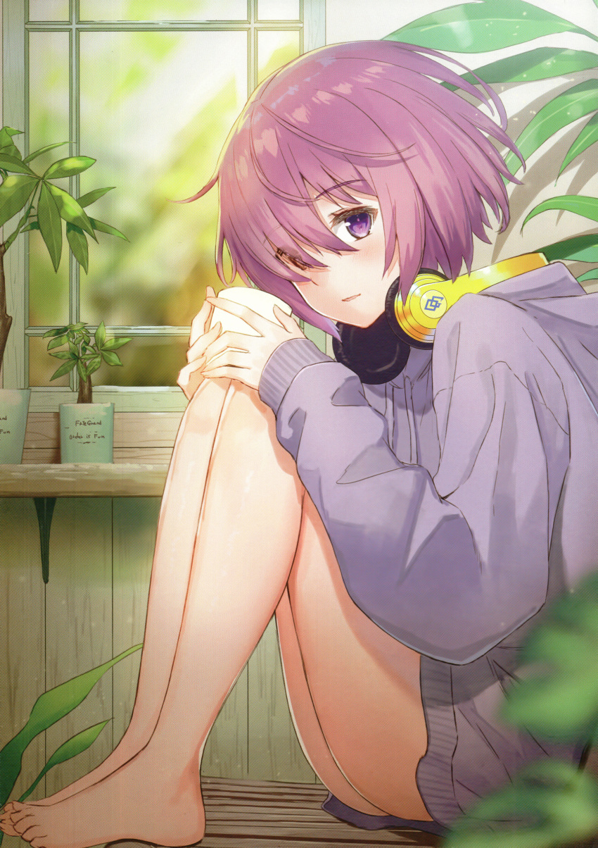 1girl absurdres bare_legs barefoot chair cup fate/grand_order fate_(series) feet_on_chair from_side haru_(hiyori-kohal) headphones headphones_around_neck highres hood hoodie huge_filesize indoors knees_up leg_hug looking_at_viewer mash_kyrielight mug naked_hoodie plant potted_plant purple_hair scan short_hair sitting solo sweater violet_eyes window