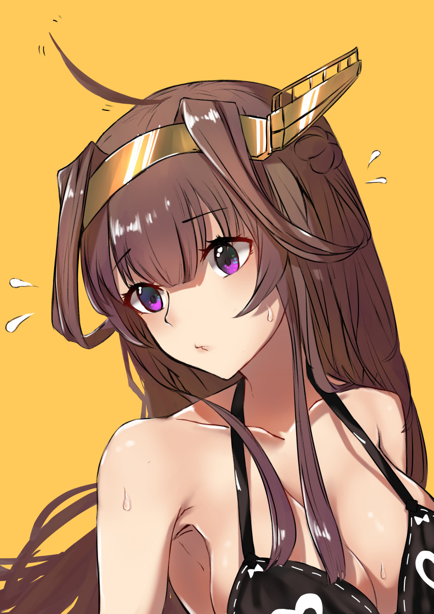 1girl absurdres ahoge armpits bare_shoulders bikini black_bikini blush breasts brown_hair cleavage closed_mouth eyebrows_visible_through_hair hair_bun headgear highres kantai_collection kongou_(kantai_collection) long_hair looking_away looking_to_the_side medium_breasts motion_lines pleasure_mussel pouty_lips shiny shiny_hair shiny_skin simple_background sweatdrop swimsuit upper_body violet_eyes yellow_background