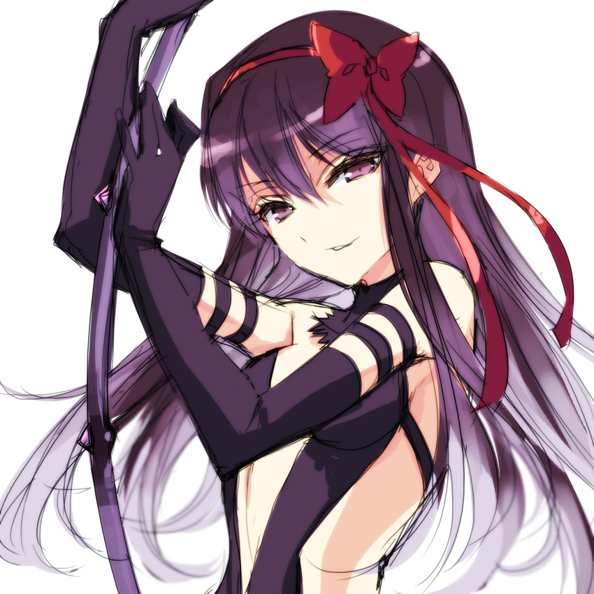 1girl absurdres akemi_homura akuma_homura bangs bare_shoulders bent_elbows butterfly_hair_ornament commentary ears_visible_through_hair eyebrows_visible_through_hair gloves hair_between_eyes hair_ornament hair_ribbon highres holding long_hair looking_at_viewer mahou_shoujo_madoka_magica misteor purple_gloves purple_hair red_ribbon ribbon smile solo violet_eyes white_background