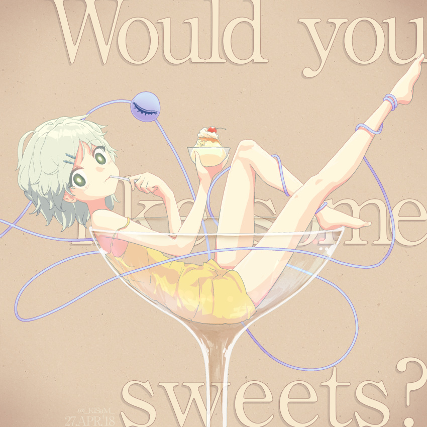 1girl :3 bare_arms bare_legs bare_shoulders barefoot bowl bright_pupils brown_background cherry closed_mouth cocktail_glass commentary_request cream cup dress drinking_glass eating english food from_side fruit full_body green_eyes green_hair hair_ornament hairclip highres holding in_container kisamu_(ksmz) komeiji_koishi leg_up looking_at_viewer short_dress short_hair simple_background smile solo spaghetti_strap spoon strap_slip third_eye touhou yellow_dress