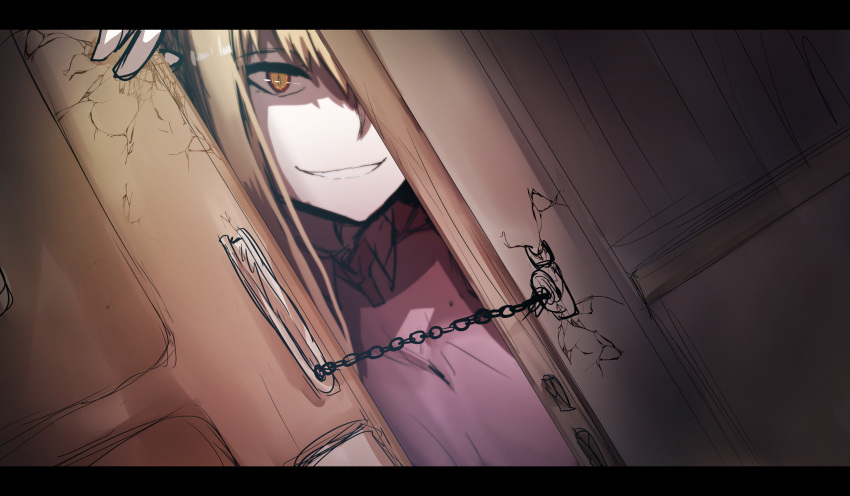 1girl absurdres bangs blonde_hair brown_eyes chains collared_shirt copyright_request cracked dutch_angle eyebrows_visible_through_hair grin hair_between_eyes head_tilt highres long_hair looking_at_viewer open_door protected_link purple_shirt shirt sidelocks slit_pupils smile solo wada_kazu