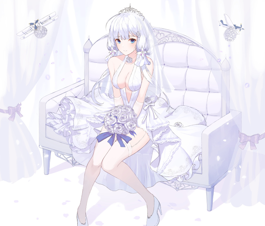 1girl absurdres ahoge aircraft airplane alternate_costume azur_lane bangs blue_eyes blunt_bangs blush bouquet breasts bridal_veil choker cleavage couch dress elbow_gloves eyebrows_visible_through_hair flower garter_straps gloves hair_ornament hair_ribbon hat highres holding holding_bouquet illustrious_(azur_lane) jayamon large_breasts light_smile long_hair looking_at_viewer low_twintails mole mole_under_eye on_couch parted_lips pumps ribbon rose sidelocks sitting smile solo thigh-highs thighs tiara tress_ribbon twintails veil wedding_dress white_dress white_flower white_footwear white_gloves white_hair white_legwear white_rose
