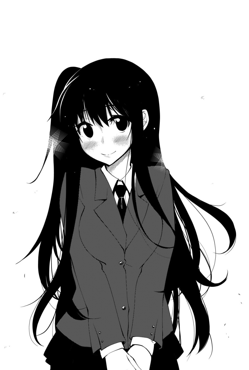 1girl akino_sora bangs blush breast_squeeze breasts closed_mouth collared_shirt copyright_request greyscale highres jacket long_sleeves looking_at_viewer monochrome necktie one_side_up school_uniform shirt simple_background skirt smile solo standing unmoving_pattern v_arms white_background wing_collar