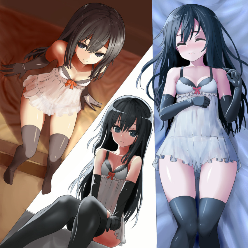 1girl @_@ alternate_costume asashio_(kantai_collection) bangs bare_shoulders black_gloves black_hair black_legwear blush breasts closed_eyes comic commentary_request dress elbow_gloves eyebrows_visible_through_hair gloves highres kantai_collection kuronaga long_hair looking_at_viewer lying on_back silent_comic sitting small_breasts smile solo thigh-highs thighhighs_pull white_dress