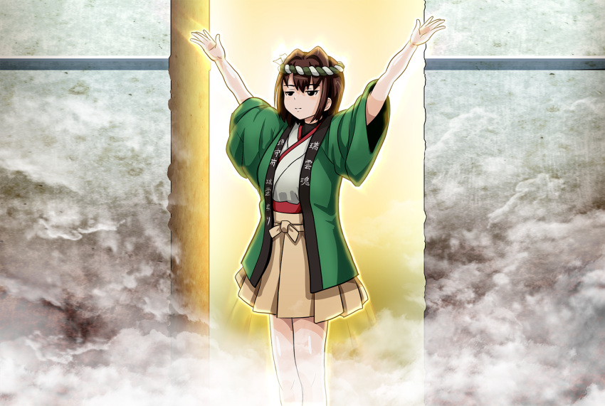 1girl arms_up brown_eyes brown_hair commentary_request hakama_skirt happi headband hyuuga_(kantai_collection) japanese_clothes kabe_ni_hamatte_ugokenai! kantai_collection nontraditional_miko short_hair solo standing tk8d32 wall