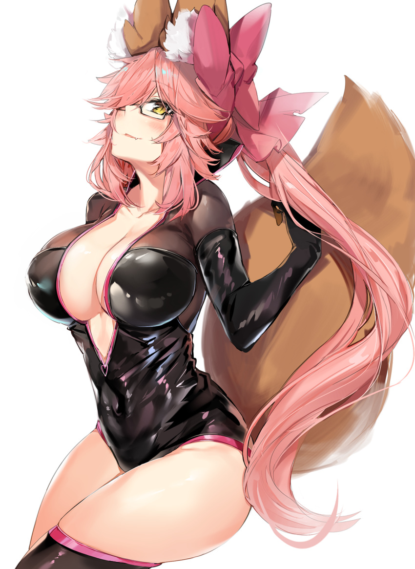 1girl animal_ears bangs black-framed_eyewear black_legwear black_leotard blush bow breasts brown_eyes catsuit center_opening cleavage covered_navel covered_nipples cowboy_shot eyebrows_visible_through_hair fang fang_out fate/grand_order fate_(series) fox_ears fox_girl fox_tail glasses hair_bow hair_over_one_eye highres large_bow large_breasts leotard long_hair looking_at_viewer no_bra parted_lips pink_bow pink_hair semi-rimless_eyewear silver_(chenwen) simple_background single_thighhigh smile solo swept_bangs tail tamamo_(assassin)_(fate) tamamo_(fate)_(all) thigh-highs thighs tsurime twintails under-rim_eyewear very_long_hair white_background yellow_eyes