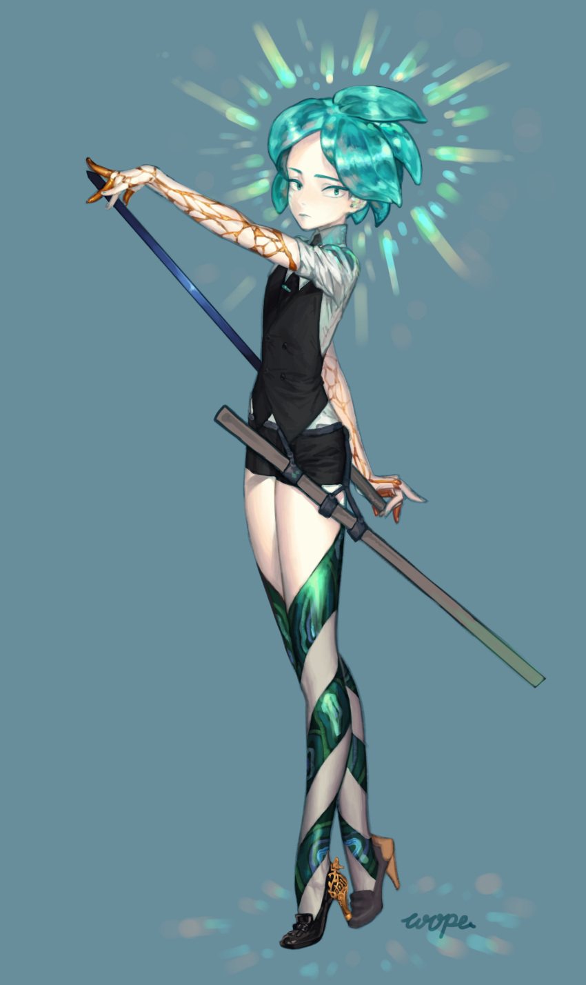 1other absurdres androgynous artist_name commentary_request full_body gem_uniform_(houseki_no_kuni) green_eyes highres houseki_no_kuni looking_at_viewer necktie phosphophyllite revision short_hair short_sleeves shorts solo wope