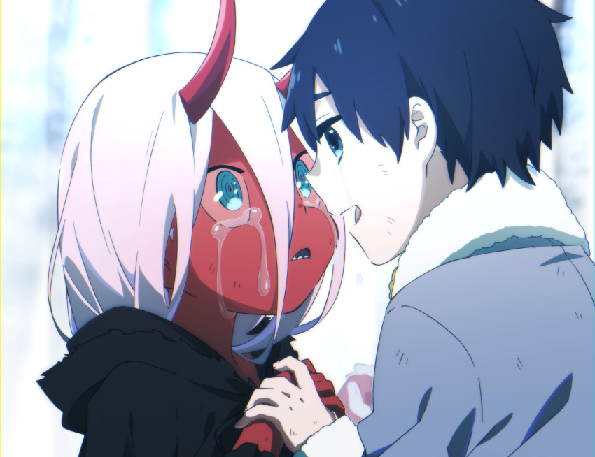 1boy 1girl black_cloak black_hair blue_eyes cloak coat couple crying crying_with_eyes_open darling_in_the_franxx face-to-face fur_trim green_coat green_eyes grey_coat hand_holding highres hiro_(darling_in_the_franxx) hood hooded_cloak horns leje39 long_hair looking_at_another oni_horns pink_hair red_skin short_hair tears zero_two_(darling_in_the_franxx)