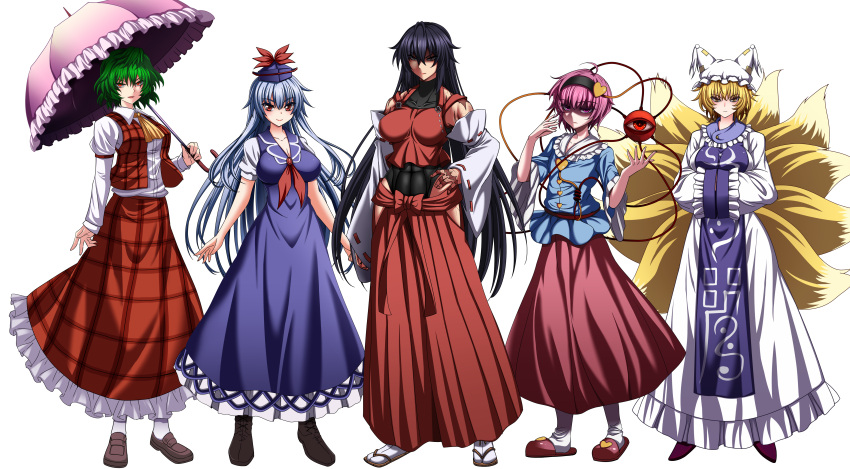 5girls absurdres ahoge arm_at_side armband arms_at_sides black_hair blonde_hair blouse blue_blouse blue_dress blue_eyes breast_rest breasts cleavage cravat cross-laced_footwear detached_sleeves dress expressionless eyebrows_visible_through_hair fox_tail full_body green_hair hair_between_eyes hakama_skirt hand_on_hip hand_up hands_in_sleeves hat hat_ribbon hat_with_ears headband heart highres holding holding_umbrella kamishirasawa_keine kazami_yuuka komeiji_satori kubrick_stare large_breasts leotard loafers long_hair long_sleeves looking_at_viewer m.u.g.e.n medium_breasts medium_sleeves multiple_girls multiple_tails open_clothes open_vest parted_lips pink_eyes pink_hair pink_skirt plaid plaid_skirt plaid_vest raglan_sleeves red_eyes red_vest ribbon ribbon-trimmed_sleeves ribbon_trim sandals scar sendai_hakurei_no_miko shaded_face shirt shoes short_hair short_sleeves simple_background skirt slippers small_breasts smile standing tabard tabi tail tassel third_eye touhou umbrella very_long_hair vest white_background white_dress white_legwear white_shirt yagami_(mukage) yakumo_ran yellow_eyes yellow_neckwear