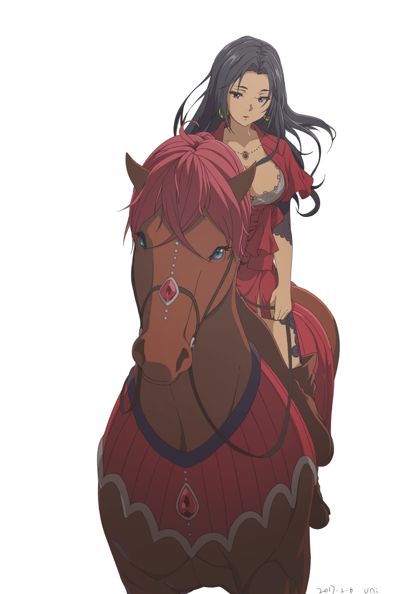 1457245648 1girl absurdres animal black_hair blue_eyes breasts cattleya_baudelaire cleavage collarbone dress earrings half-closed_eyes highres horse horseback_riding jewelry large_breasts long_hair necklace red_dress redhead reins riding solo violet_evergarden violet_eyes