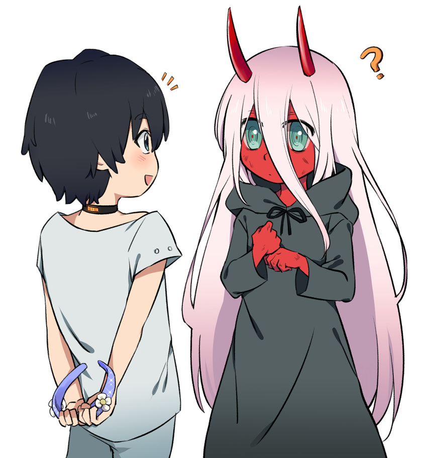 1boy 1girl arms_behind_head black_hair blush bow commentary couple darling_in_the_franxx english_commentary grey_shirt highres hiro_(darling_in_the_franxx) horns k_016002 long_hair looking_at_another parka pink_hair red_skin shirt short_hair zero_two_(darling_in_the_franxx)