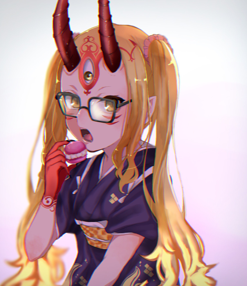 1girl black-framed_eyewear blonde_hair chromatic_aberration commentary_request facial_mark fate/grand_order fate_(series) fingernails food forehead_mark gaota glasses grey_background hand_up highres holding holding_food horns ibaraki_douji_(fate/grand_order) japanese_clothes kimono long_fingernails long_hair macaron obi oni oni_horns open_mouth purple_kimono sash short_sleeves sidelocks simple_background solo twintails very_long_hair