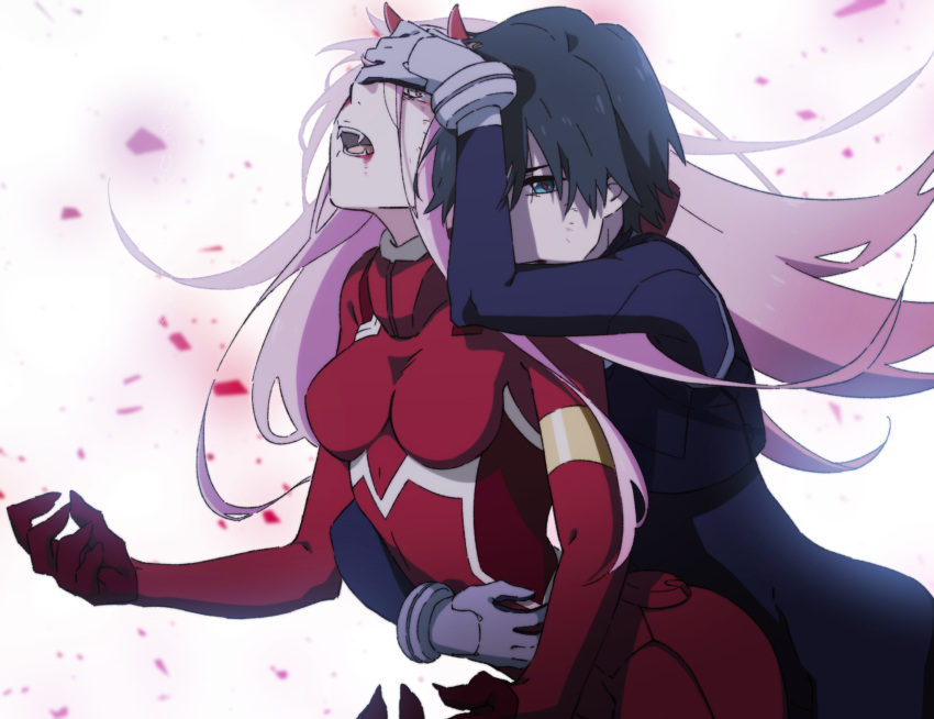 1boy 1girl black_hair blue_eyes couple darling_in_the_franxx fangs gloves hand_on_another's_head highres hiro_(darling_in_the_franxx) horns hug hug_from_behind leje39 long_hair pilot_suit pink_hair short_hair white_gloves zero_two_(darling_in_the_franxx)