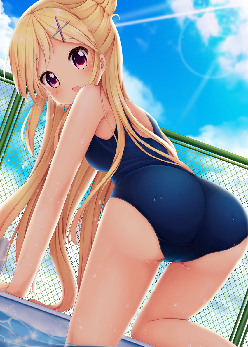 1girl :o arm_support ass bangs bare_arms bare_shoulders blonde_hair blue_sky blue_swimsuit blush breasts chain-link_fence clouds day eyebrows_visible_through_hair fence hair_bun hair_ornament highres kin-iro_mosaic kujou_karen leg_up lens_flare long_hair looking_at_viewer looking_back minato_(ojitan_gozaru) one-piece_swimsuit open_mouth pink_eyes pool poolside school_swimsuit sky small_breasts solo straight_hair swimsuit tareme thighs very_long_hair water water_drop wet x_hair_ornament