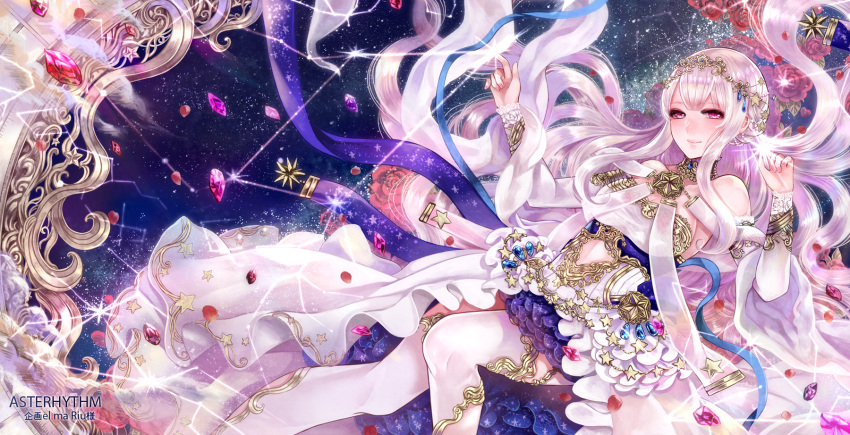 1girl artist_name blue_ribbon blush breasts constellation detached_sleeves dress floating_hair hair_ornament haruci highres large_breasts long_hair navel_cutout original red_eyes ribbon sideboob silver_hair smile solo thigh-highs very_long_hair white_dress white_legwear