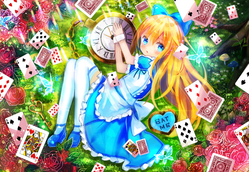 1girl alice_(wonderland) alice_in_wonderland animal apron bangs blonde_hair blue_bow blue_dress blue_eyes blue_footwear blush bow bug butterfly card club_(shape) commentary_request day diamond_(shape) dress eat_me eyebrows_visible_through_hair flower frilled_dress frilled_skirt frills from_above hair_between_eyes hair_bow heart highres insect key kohaku_muro long_hair looking_at_viewer looking_to_the_side looking_up lying maid_apron mary_janes on_side original outdoors parted_lips pink_flower pink_rose playing_card pocket_watch puffy_short_sleeves puffy_sleeves red_flower red_rose roman_numerals rose shoes short_sleeves skirt solo spade_(shape) sunlight thigh-highs very_long_hair watch white_apron white_legwear wrist_cuffs